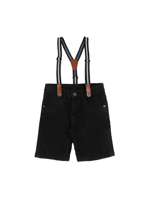 

Pantaloons Junior Boys Black Solid Regular Fit Denim Shorts with Suspender