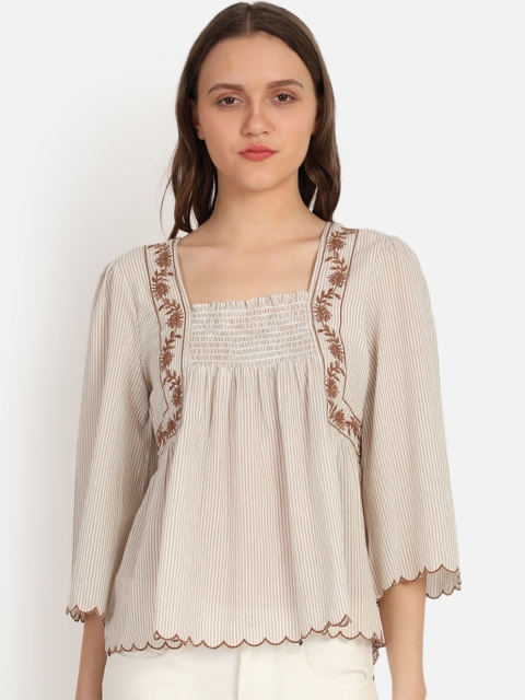 

COVER STORY Women White & Brown Striped A-Line Top