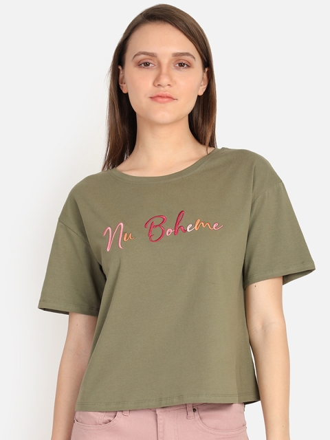 

COVER STORY Women Olive Green Embroidered Top