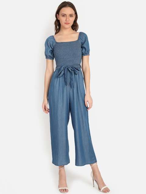 

COVER STORY Women Blue Solid Smocked Denim Culotte Jumpsuit