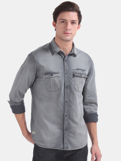 

Ed Hardy Men Grey Slim Fit Faded Casual Denim Shirt