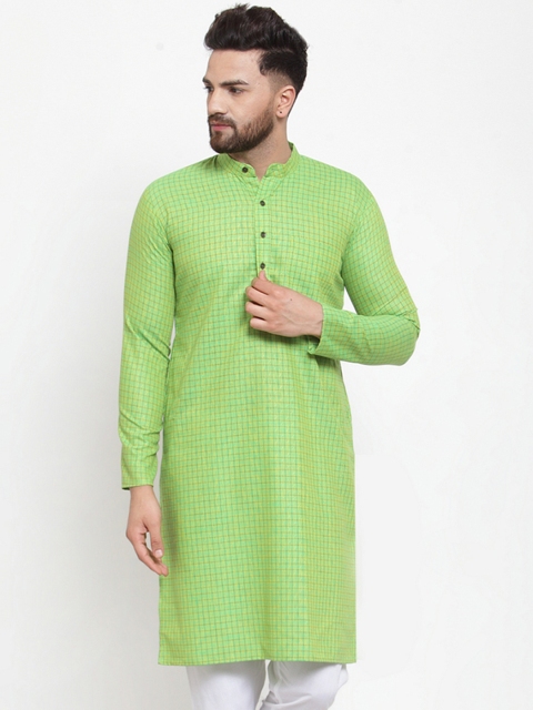 

Jompers Men Green & Yellow Checked Straight Kurta