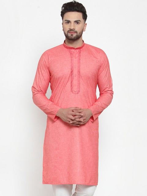 

Jompers Men Coral Red Embroidered Straight Kurta