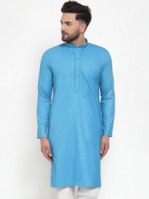 

Jompers Men Turquoise Blue Embroidered Straight Kurta