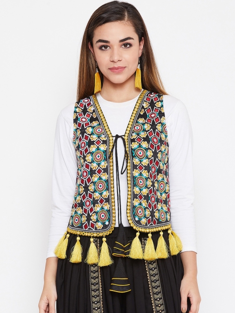 

TULIP 21 Women Black & Yellow Embroidered Open Front Ethnic Jacket