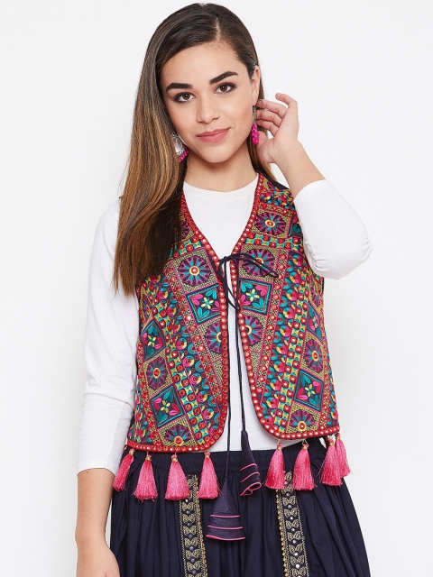 

TULIP 21 Women Multicoloured Embroidered Open Front Ethnic Jacket, Multi