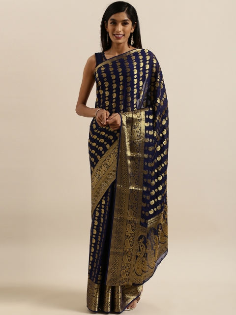 

MIMOSA Navy Blue & Gold-Coloured Poly Chiffon Woven Design Banarasi Saree