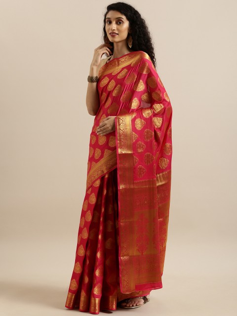 

MIMOSA Pink & Gold-Toned Poly Crepe Embroidered Mysore Silk Saree