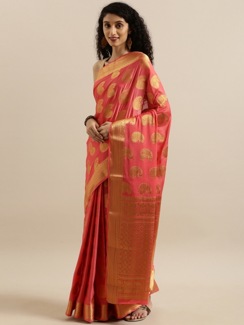 

MIMOSA Coral Red & Gold-Toned Poly Crepe Embroidered Mysore Silk Saree