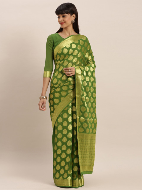 

MIMOSA Olive Green & Gold-Toned Poly Chiffon Woven Design Banarasi Saree