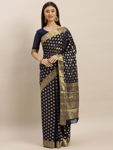 

MIMOSA Navy Blue & Gold-Toned Poly Chiffon Woven Design Banarasi Saree