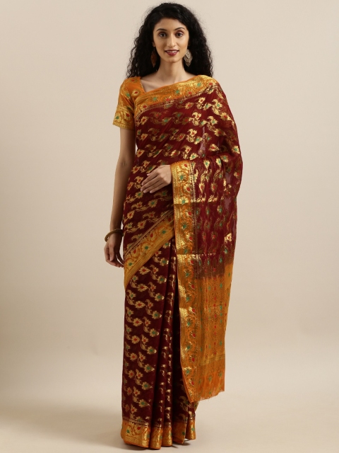 

MIMOSA Maroon & Golden Poly Chiffon Embroidered Banarasi Saree