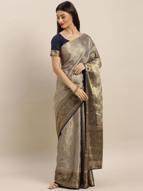 MIMOSA Grey & Gold-Colored Art Silk Woven Design Kanjeevaram Saree
