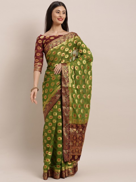 

MIMOSA Olive Green & Gold-Toned Poly Chiffon Woven Design Banarasi Saree