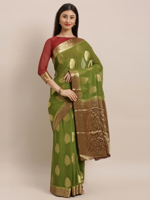 

MIMOSA Olive Green & Gold-Toned Poly Chiffon Woven Design Banarasi Saree