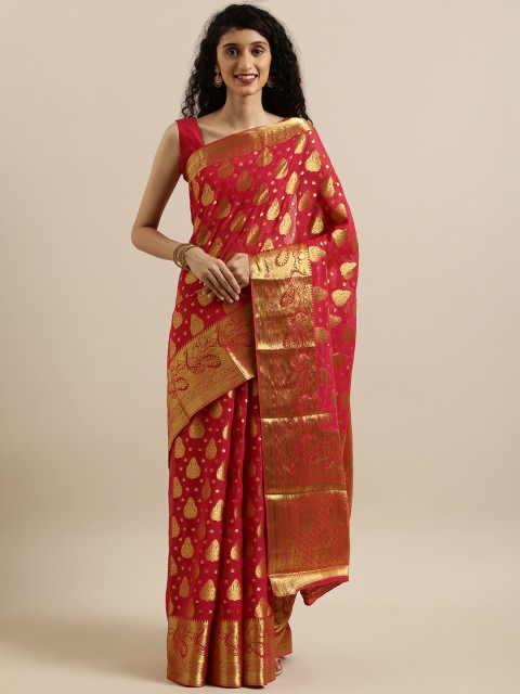 

MIMOSA Pink & Gold-Toned Poly Chiffon Woven Design Banarasi Saree