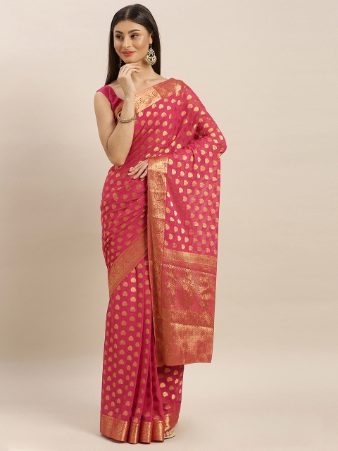 

MIMOSA Pink & Gold-Toned Poly Chiffon Embellished Banarasi Saree