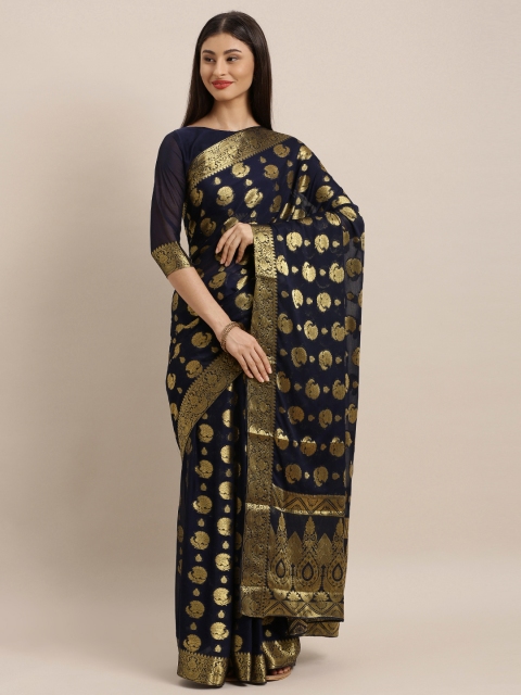 

MIMOSA Navy Blue & Gold-Toned Poly Chiffon Woven Design Banarasi Saree
