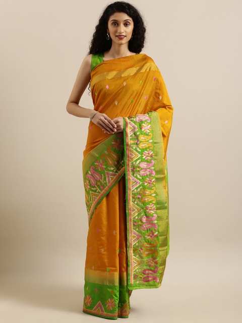 

MIMOSA Mustard Yellow & Green Art Silk Embroidered Kanjeevaram Saree