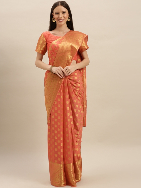 

MIMOSA Coral Orange & Gold-Toned Poly Chiffon Woven Design Banarasi Saree