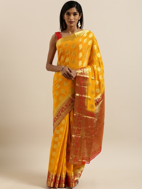 

MIMOSA Mustard Yellow & Gold-Toned Poly Chiffon Woven Design Banarasi Saree