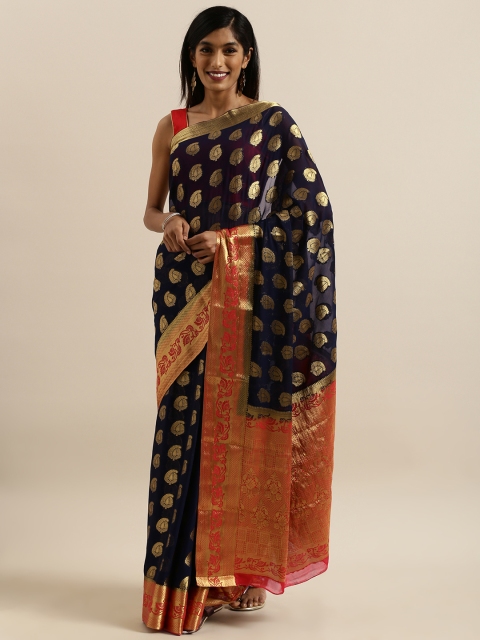

MIMOSA Navy Blue & Gold-Toned Poly Chiffon Woven Design Banarasi Saree