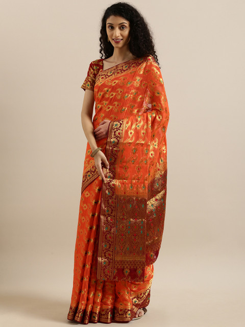 

MIMOSA Orange & Gold-Toned Poly Chiffon Woven Design Banarasi Saree
