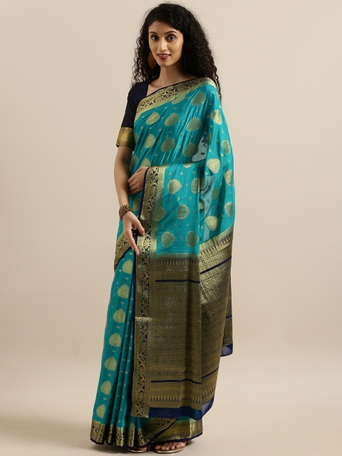 

MIMOSA Turquoise Blue & Gold-Toned Poly Crepe Embellished Mysore Silk Saree