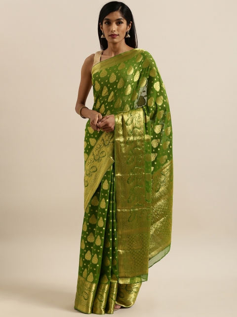 

MIMOSA Green & Gold-Toned Poly Chiffon Woven Design Banarasi Saree