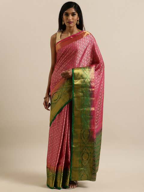 

MIMOSA Pink & Green Art Silk Woven Design Kanjeevaram Saree