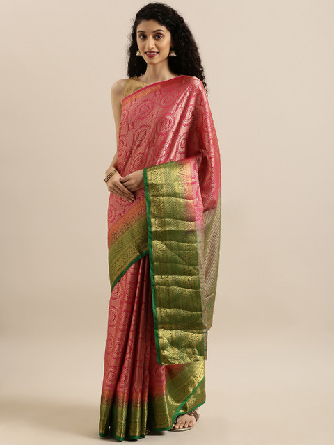 

MIMOSA Pink & Green Art Silk Woven Design Kanjeevaram Saree