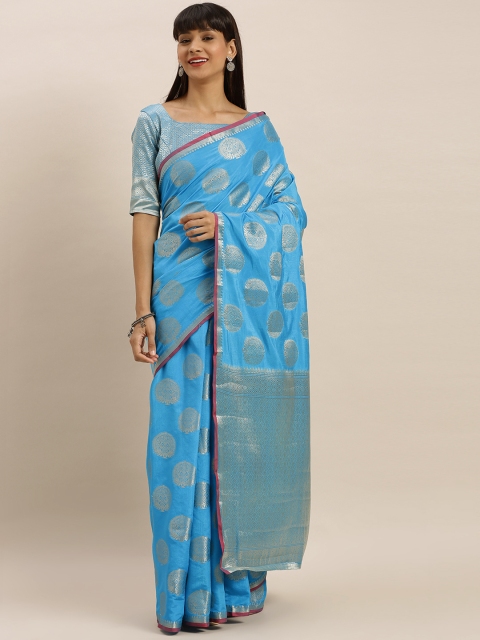 

MIMOSA Turquoise Blue & Silver-Toned Art Silk Woven Design Kanjeevaram Saree
