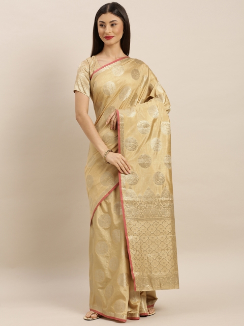 

MIMOSA Beige & Gold-Coloured Art Silk Woven Design Kanjeevaram Saree
