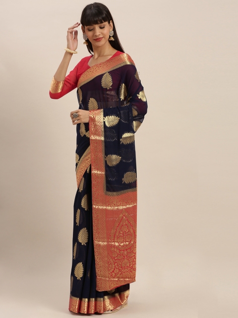

MIMOSA Navy Blue & Red Poly Chiffon Woven Design Banarasi Saree