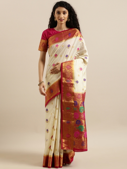 

MIMOSA Off-White & Pink Art Silk Woven Design Dharmavaram Saree