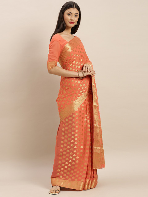 

MIMOSA Orange & Gold-Coloured Poly Chiffon Woven Design Banarasi Saree