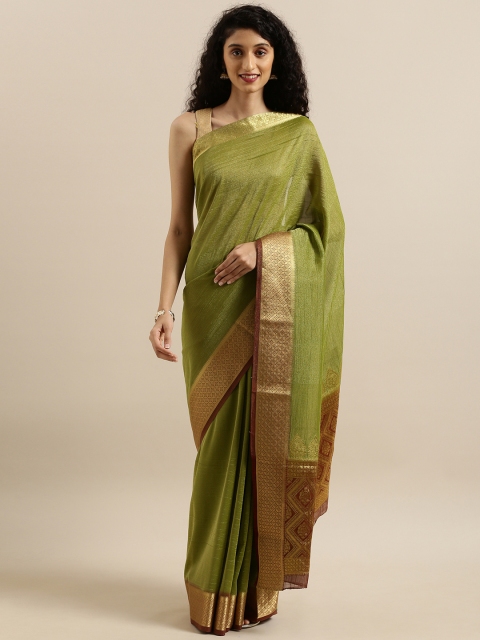 Olive Green & Gold-Toned Art Silk Solid Kanjeevaram Saree