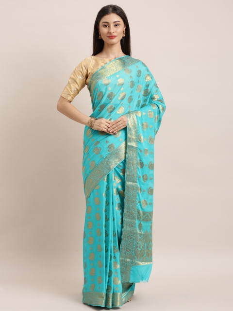 

MIMOSA Turquoise Blue & Gold-Coloured Poly Chiffon Woven Design Banarasi Saree