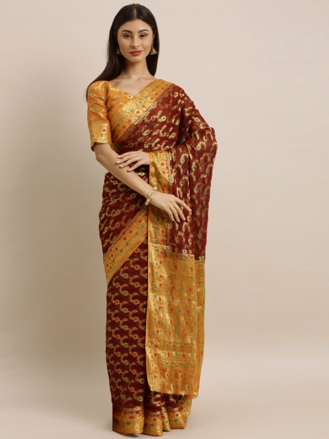MIMOSA Maroon & Gold-Coloured Poly Chiffon Woven Design Banarasi Saree