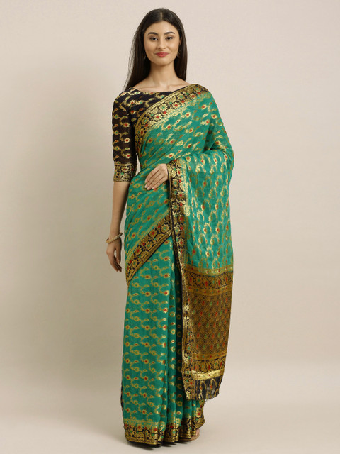 

MIMOSA Green & Gold-Toned Poly Chiffon Woven Design Banarasi Saree
