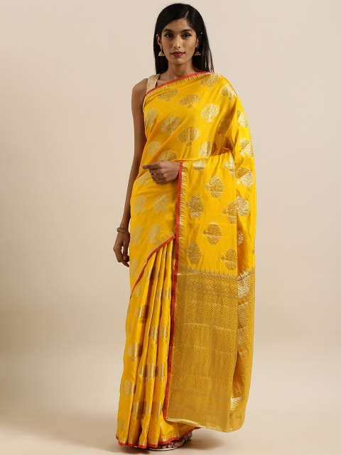 

MIMOSA Mustard Yellow & Gold-Toned Art Silk Woven Design Kanjeevaram Saree