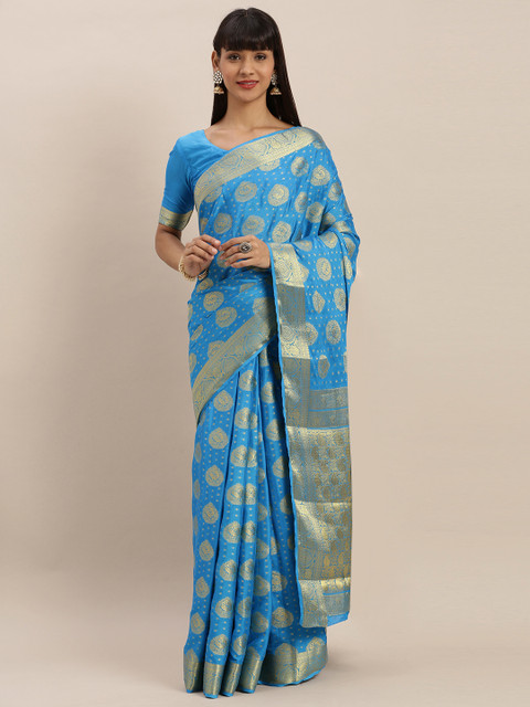 

MIMOSA Blue & Gold-Coloured Poly Crepe Woven Design Mysore Silk Saree