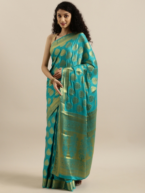 

MIMOSA Turquoise Blue & Gold-Toned Poly Crepe Woven Design Mysore Silk Saree