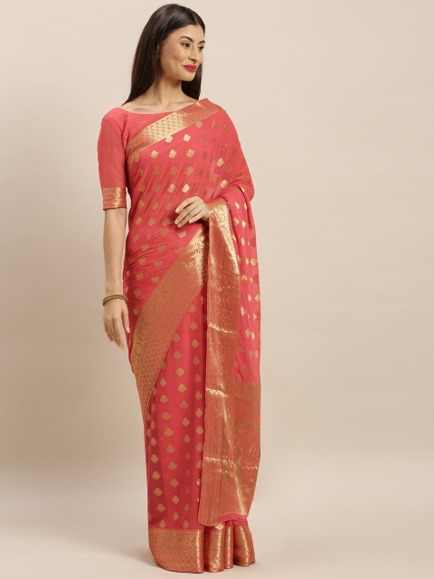 

MIMOSA Coral & Gold-Colored Poly Chiffon Woven Design Banarasi Saree