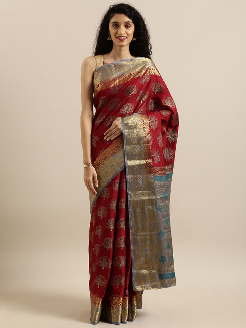 

MIMOSA Maroon & Gold-Toned Art Silk Woven Design Kanjeevaram Saree
