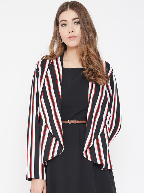 

PURYS Women Black & White Striped Front-Open Blazer