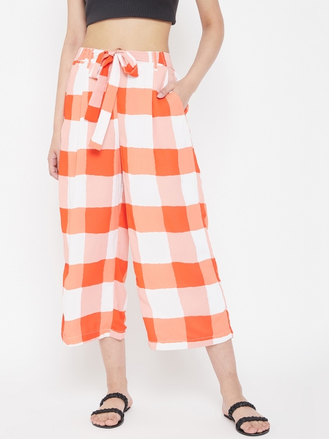 

PURYS Women White & Orange Smart Loose Fit Checked Culottes