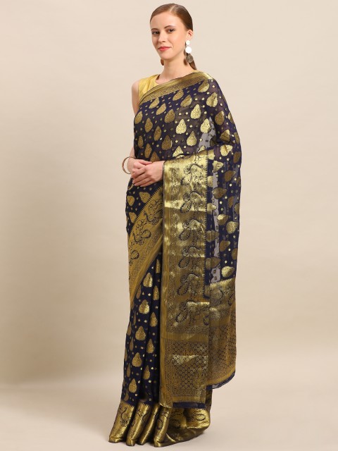

Mitera Navy Blue & Gold-Toned Poly Chiffon Woven Design Banarasi Saree