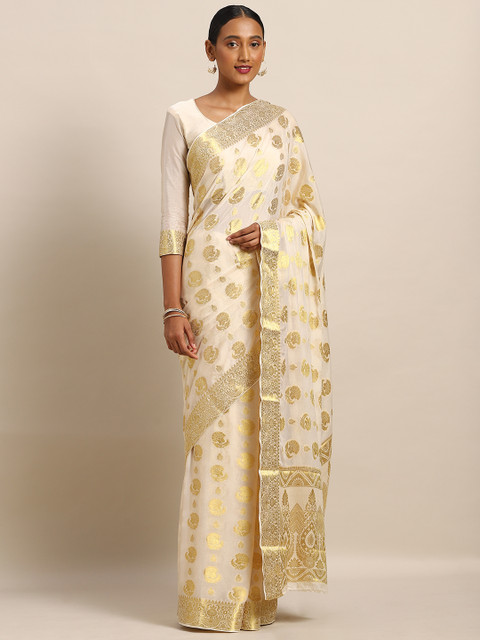 

Mitera Off-White & Gold-Toned Poly Chiffon Woven Design Banarasi Saree