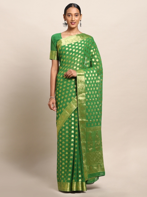 

Mitera Green & Gold-Toned Poly Chiffon Woven Design Banarasi Saree